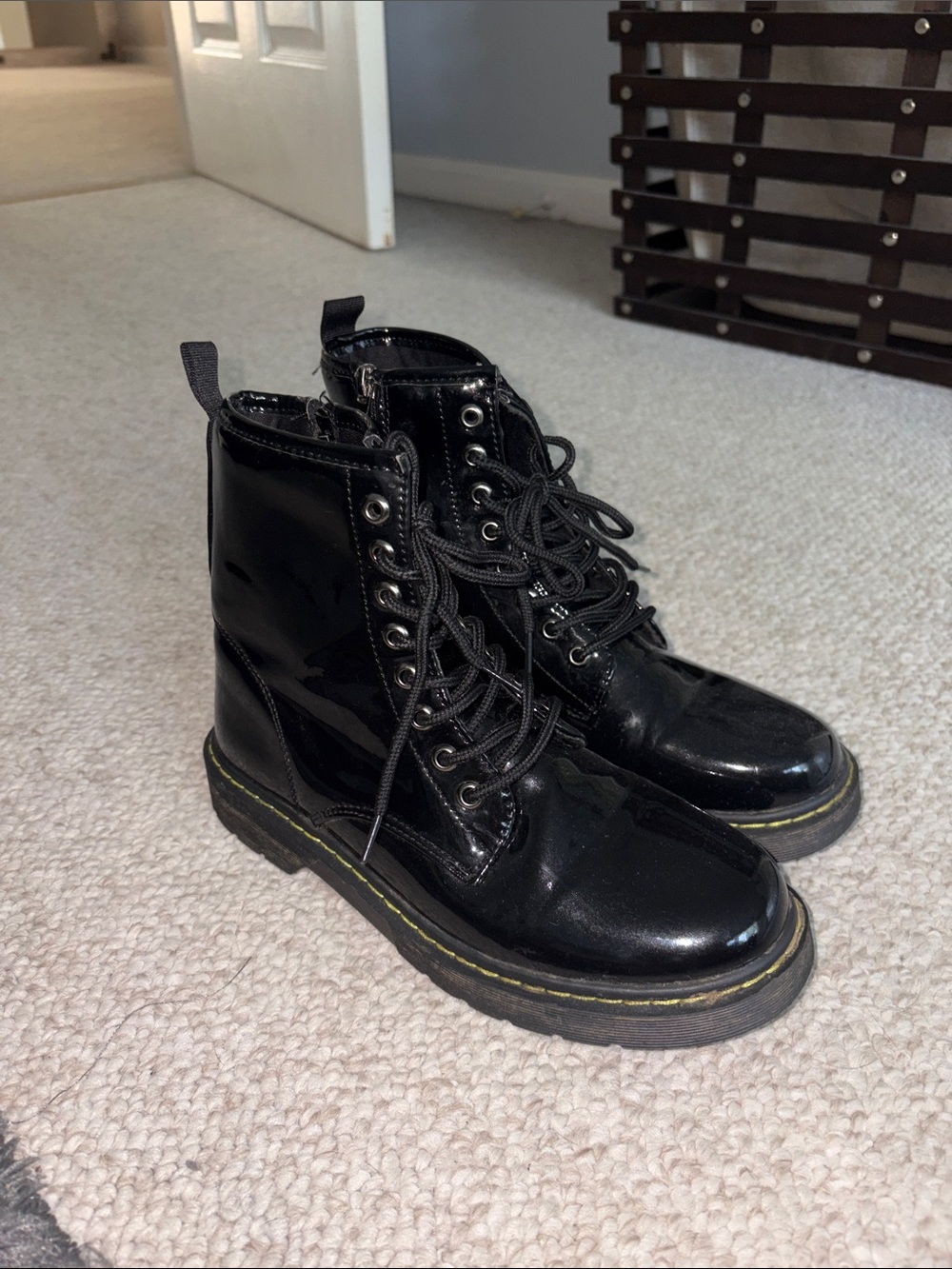 Doc Marten-looking Black Patent Lace-Up Combat Boots